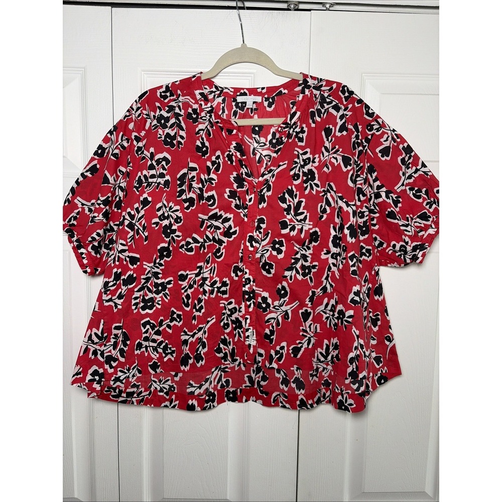 Calme Floral Button Front Blouse Womens Size M Red Black Short Sleeve Cotton Top